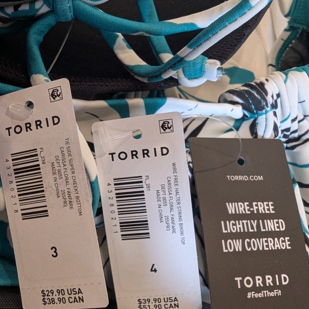 Torrid String Bikini Tie Side Cheeky Bottom 4x & Wire Free Halter 3x Floral Teal - Picture 15 of 15